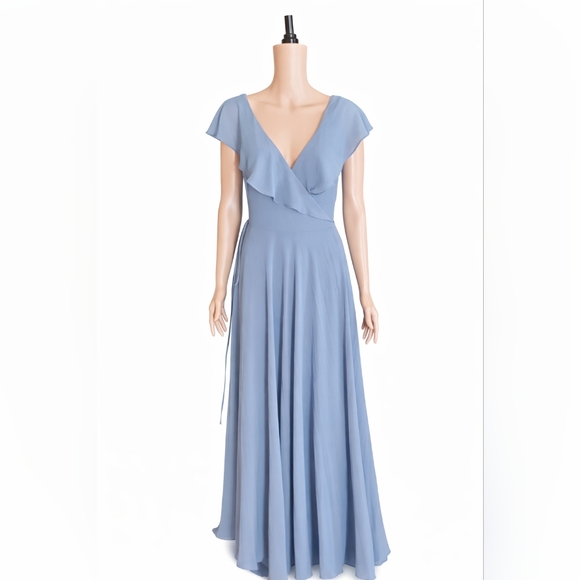 Bill Levkoff Blue Ruffle V-Neck Wrap Gown US 8 - Picture 4 of 7